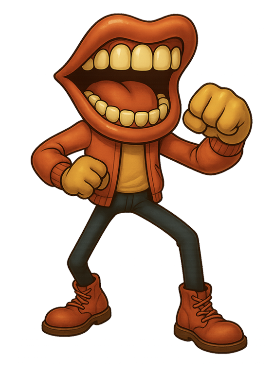 Big Mouth Larry, the agency mascot, in a fighting stance